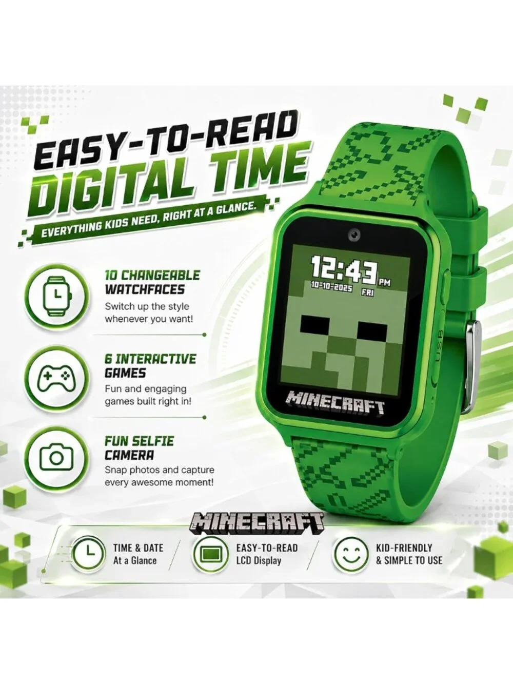 Interactive Kids Smart Watch - Touchscreen, Camera, Games, Pedometer, 10 Faces